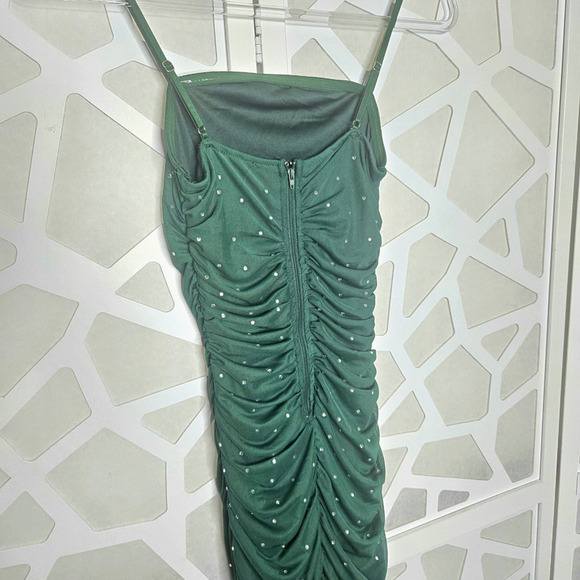 Green Ruched High Slit Rhinestone Midi Dress Size SM Formal Hoco Y2K Glam Party - Picture 6 of 8